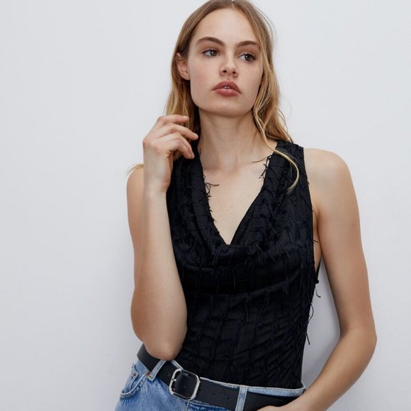 Zara Tops - NWT Zara Fringed Bodysuit Black